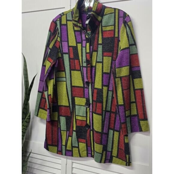 ALI MILES Jacket Blazer Swing 3/4 Sleeve Geometric Print Artsy Button Front Med. - Picture 5 of 6